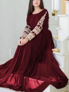 Ready Made Chiffion Maroon Stitched Embroidery Maxi with Inner (Code: 4850)