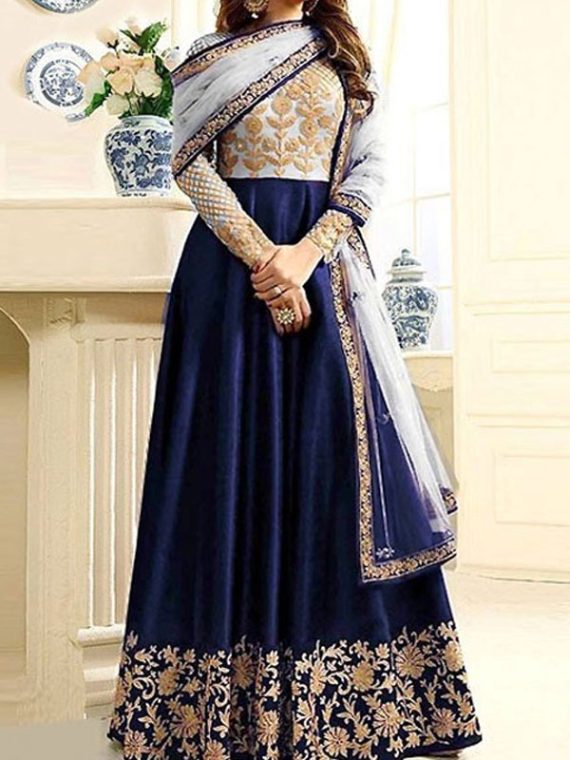 Indian Embroidered Navy Blue Chiffon Maxi Dress (Code:5179)