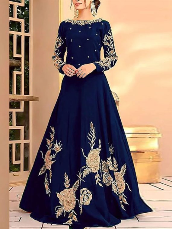 Stitched Raw Silk Blue Heavy Full Embroidered Maxi (Length 52) (Code:6143)