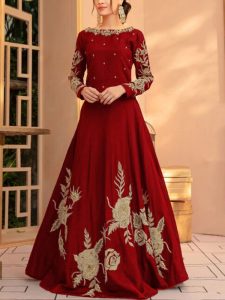 Stitched Raw Silk Maroon Heavy Full Embroidered Maxi (Length 52) (Code:6141)