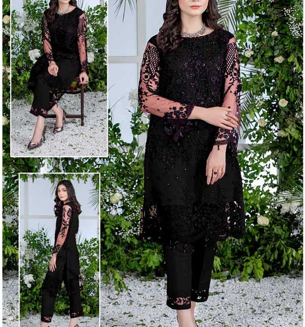 2-Piece Embroidered Black Fancy Net Party Wear Dress For Girls