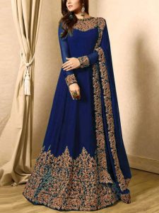 Indian Embroidered Navy Blue Chiffon Maxi Unstitched (Code:7216)