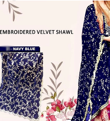 Heavy Embroidered Velvet Shawl – Navy Blue (Code: 7070)