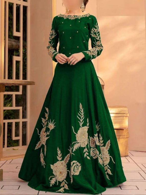 Readymade Embroidered Green Shamoz Silk Maxi (Code: 8093)