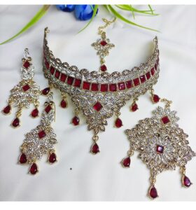 Latest Bridal Collar Choker Necklace Set with Earrings Jhummar and Tikka (Code: 7962)