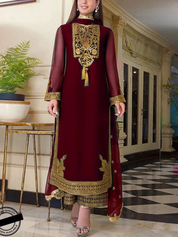 Chiffon Maroon Heavy Embroidered Party Wear Dress (Code:8259)