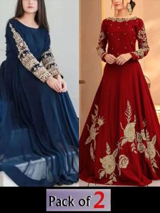 PACK OF 2 Stitched Pakistani Maxi Chiffion Maxi & Stitched SIlk Long Party Wear Maxi Dresses (Code: 8656)