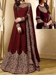 Indian Chiffon Embroidered Maroon Maxi (Unstitched) (Code:9334)