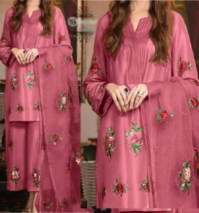 Silk Full Heavy Embroidered Pink Dress With Embroidered Organza Dupatta (Unstitched) (Code:9434)