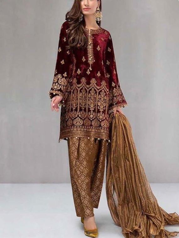 Velvet Heavy Embroidered Dress With Broshia Net Dupatta Unstitched (Code:9454)