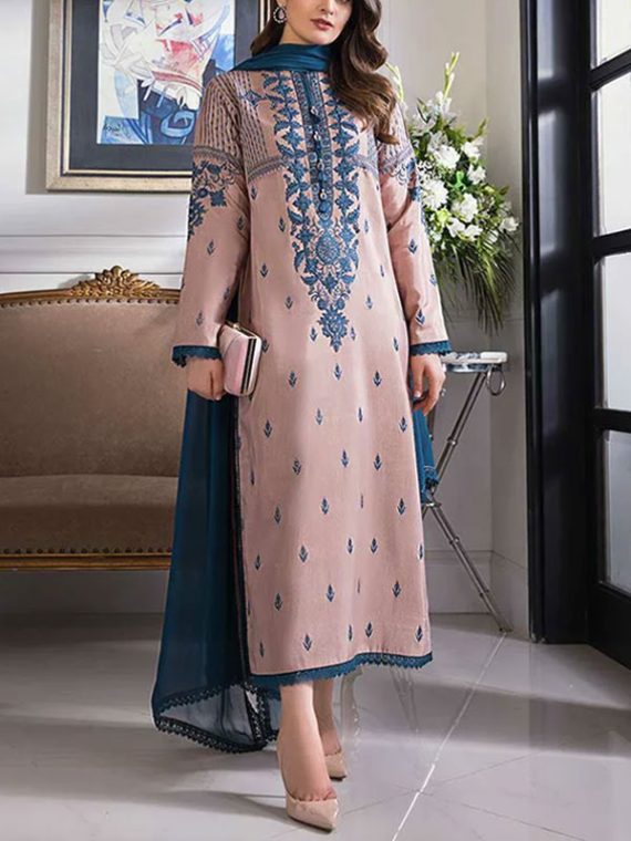 Luxury Lawn Embroidered Dress with Bamber Embroidered Chiffon Dupatta (UnStitched) (Code:9791)