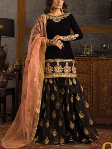 Embroidered Black Chiffon Party Wear Dress with Organza Dupatta (Unstitched) (Code: 10464)