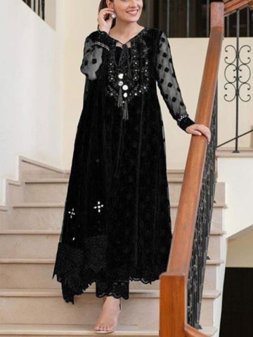 Luxury Chiffon Embroidered Dress With Heavy Embroidered Mirrorwork Chiffon Dupatta (Code:10384)