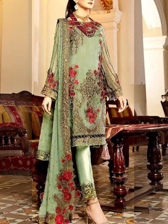 3D Flower & Handwork Embroidered Chiffon Party Wear Dress 2024 (Unstitched) (Code:10500)