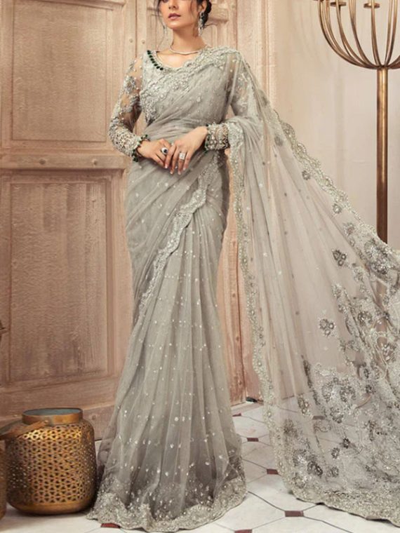 Net Full Heavy Embroidered Saree (Unstitched) (Code:12383)