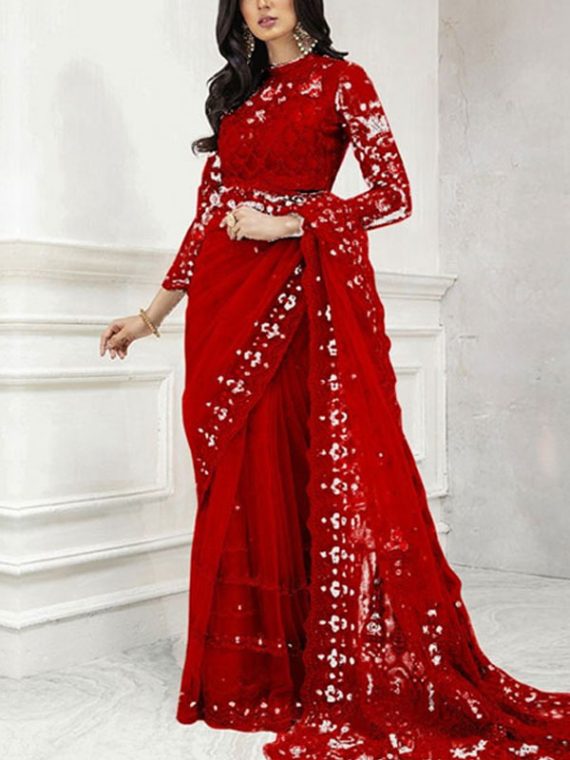 Net Full Heavy Embroidered Saree (Unstitched) (Code:12379)