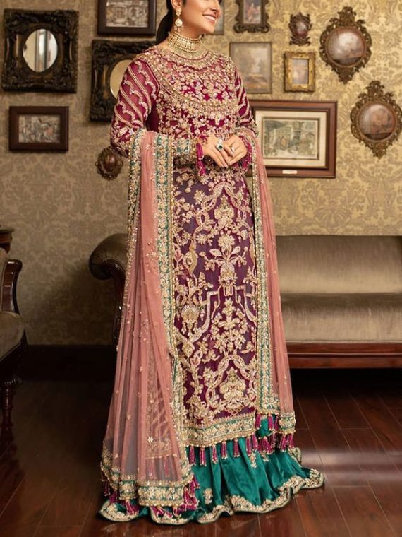 Latest Full Handwork Heavy Embroidered NET Dress With Embroidered Dupatta (Unstitched) (Code:12373)