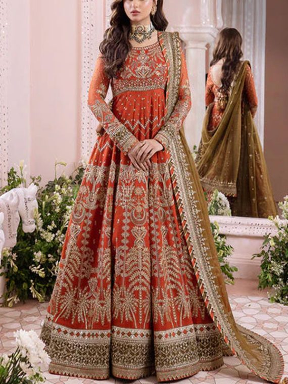 Luxury Chiffon Embroidery MAXI Wedding Dress With 4 Side Lace Embroidery Dupatta (Unstitched) (Code:12454)