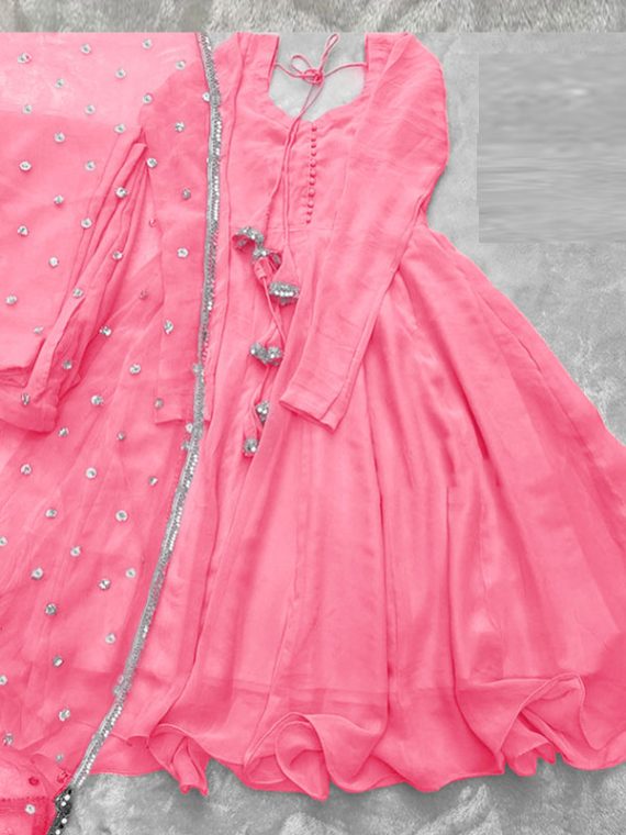 Stitched Chiffon Pink 3 PCs MAXI Dress With Lace Work Dupatta (Code:12866)