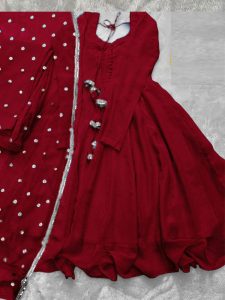 Stitched Chiffon Maroon 3 PCs MAXI Dress With Lace Work Dupatta (Code:12862)