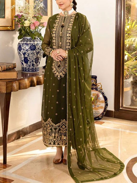 Heavy Embroidered Chiffon Dress With Chiffon 4 Sided Lace Border Dupatta (UnStitched) (Code:12995)