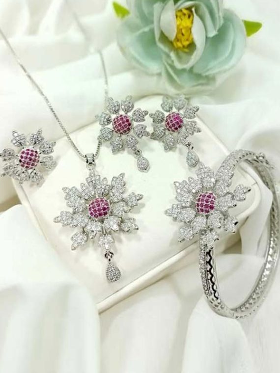 Zircon 4 PCs Combo Flower Set Chain Locket, Tops With Ring & Adjustable Kara (Code:14545)