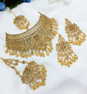 Antique Golden Pearl Wedding Necklace Jewelry Set With Earrings, Jhumar And Teeka (Code:14556)