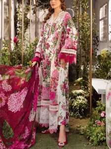 Maria B M Print Digital Printed Lawn Dress With Embroidered Patches Chiffon Dupatta (Unstitched) (Code:15151)