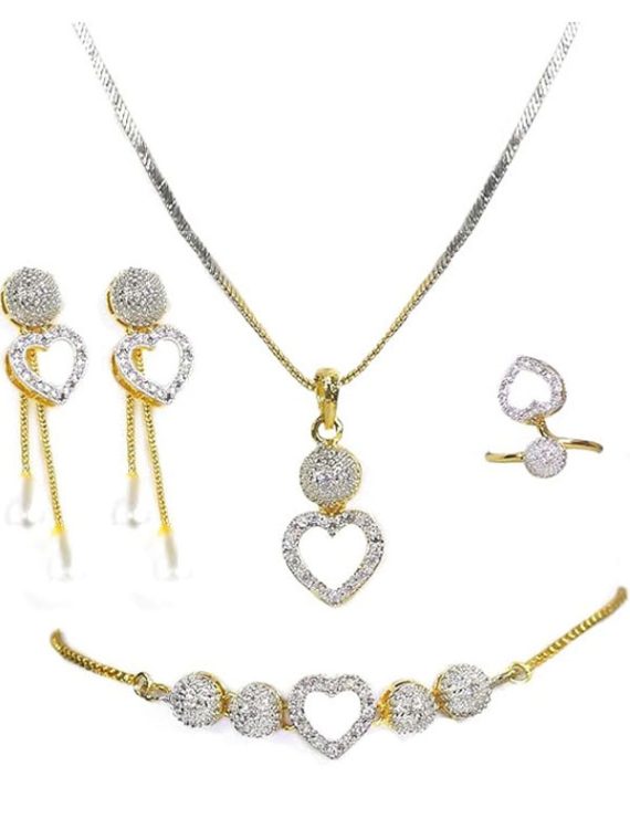 Zircon Stylish Heart Necklaces Set Earring & Ring & bracelet For Girls (Code:14548)