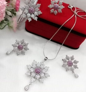 Zircon 4 PCs Combo Flower Set Chain Locket, Tops With Ring & Adjustable Kara (Code:14545)