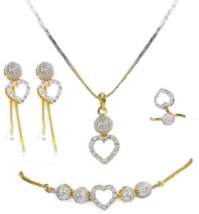 Zircon Stylish Heart Necklaces Set Earring & Ring & bracelet For Girls (Code:14548)