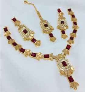 Golden & Maroon Zircon Party Necklace Jewelry Set With Earrings And Teeka (Code:14572)