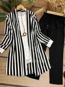 Women stripe black Linen 3 Piece Lining Suit (Inner, Shirt & Trouser) (Code:16336)