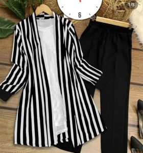 Women stripe black Linen 3 Piece Lining Suit (Inner, Shirt & Trouser) (Code:16336)