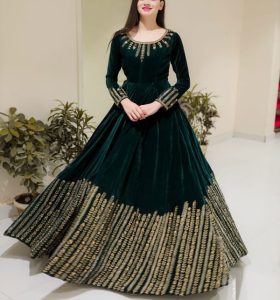 Ready Made Solid Green Silk Front Back Heavy Embroidery Anarkali Style MAXI (Ghair 100+) (Code:16360)