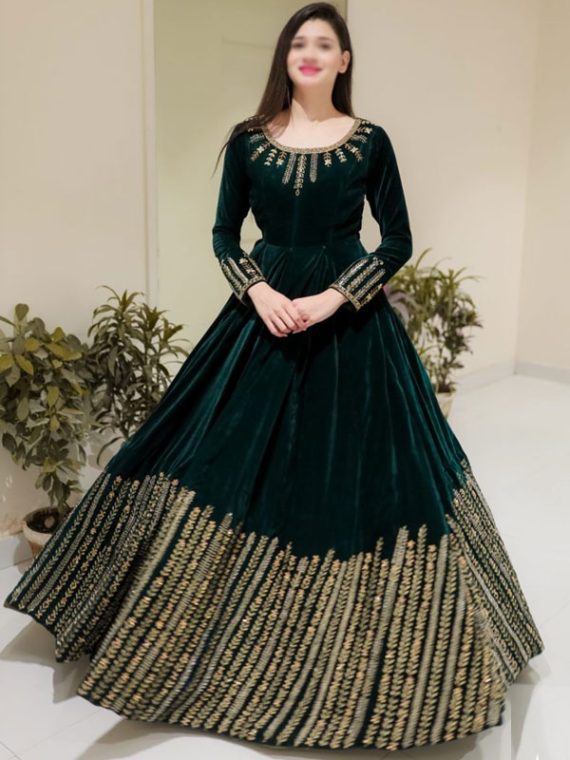 Ready Made Solid Green Silk Front Back Heavy Embroidery Anarkali Style MAXI (Ghair 100+) (Code:16360)