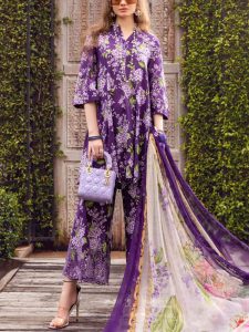 Maria B Digital Printed Schiffli Embroidered Lawn Suit with Printed Silk Dupatta (M Print Unstitched) (Code:16172)