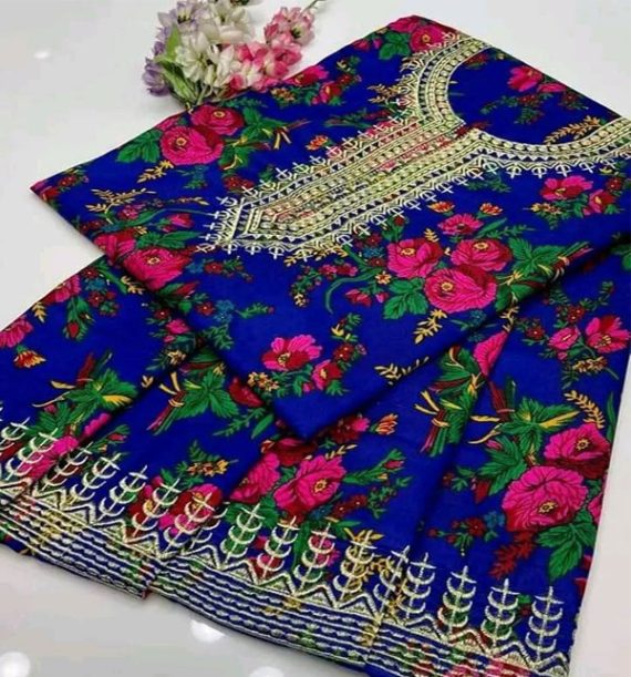 2 PCs Acrylic Marina Digital Printed Summer Multani Dress With EMB Trouser (Unstitched) (Code:17268)