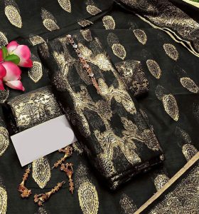 Shiny Cotton Jacquard Dress Jacquard Dupatta Masoori Trouser (Unstitched) (Code:16608)