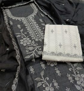 Black Paper Cotton Heavy Embroidered Dress With EMB Dupatta & EMB Trouser (Unstitched) (Code:17049)