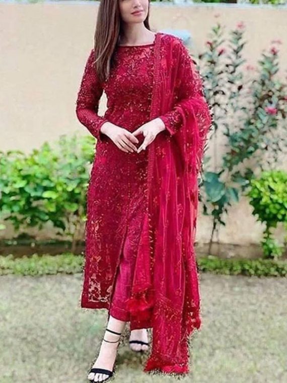 Heavy Embroidered Maroon Net Formal Wedding Dress Net Embroidered Dupatta With Trouser & Inner (Code:18420)