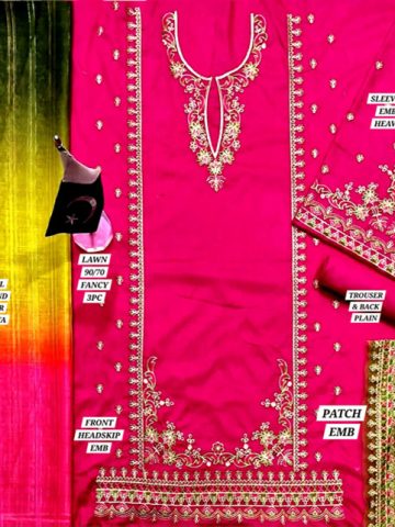 Fancy Embroidered Lawn Dress 2024 with Tie & Dye Diamond Dupatta (Unstitched) (Code:18216)