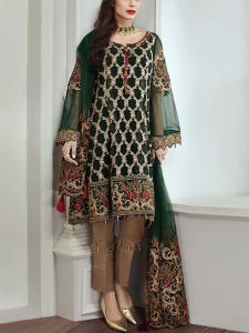 Chiffon Heavy Embroidered Dress With Chiffon Embroidered Dupatta Plain Trouser Unstitched (Code:17995)