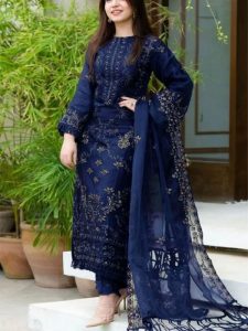 Navy Blue Lawn Cotton Heavy Embroidered Dress With Bamber Chiffon Embroidered Dupatta (UnStitched) (Code:18831)