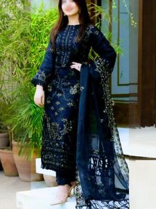 Navy Blue Lawn Cotton Heavy Embroidered Dress With Bamber Chiffon Embroidered Dupatta (UnStitched) (Code:18831)