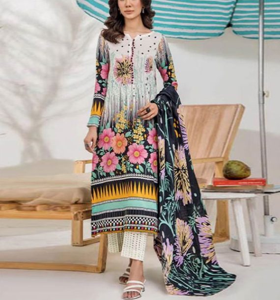 Digital Printed Lawn Dress With Lawn Printed Dupatta & Plain Trouser (Unstitched) (Code:20269)