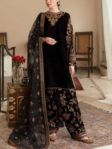 Luxury Embroidered Black Velvet Wedding Dress 2024 (Unstitched) (Code:20173)