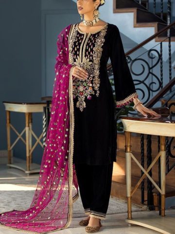 Velvet Heavy Embroidered Dress With Heavy Embroidered Dupatta 4 sided Borders (Unstitched) (Code:20290)