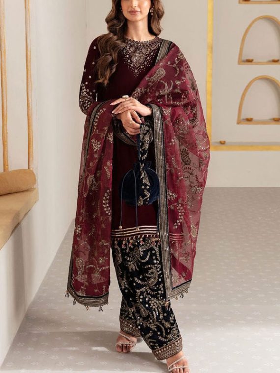 Velvet Heavy Embroidered Dress With Organza 4 Side Embroidered Dupatta (Unstitched) (Code:20120)