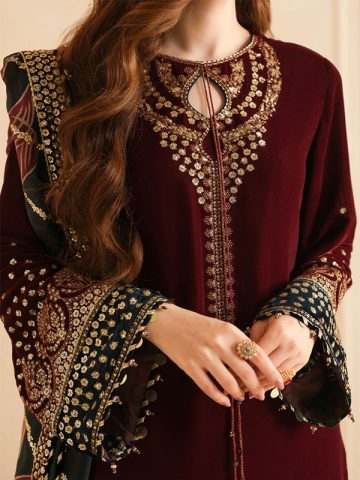 Velvet Heavy Embroidered Spengle Work Dress With Organza Printed Embroidered Dupatta (Unstitched) (Code:20959)